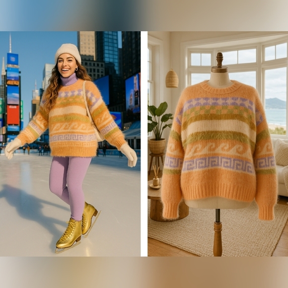 New Preppy Fair Isle Cozy XL Soft Knit Wool Crew Warm Slouchy Oversized  Sweater - Picture 1 of 10